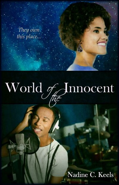 Book cover shows a smiling young woman with an Afro under a starry night sky on the top half, and a young man wearing headphones, singing into a microphone on the bottom half