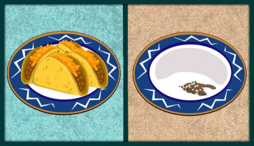 A full plate of tacos beside a near-empty plate with only crumbs
