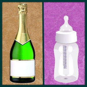 A bottle of champagne beside a baby bottle